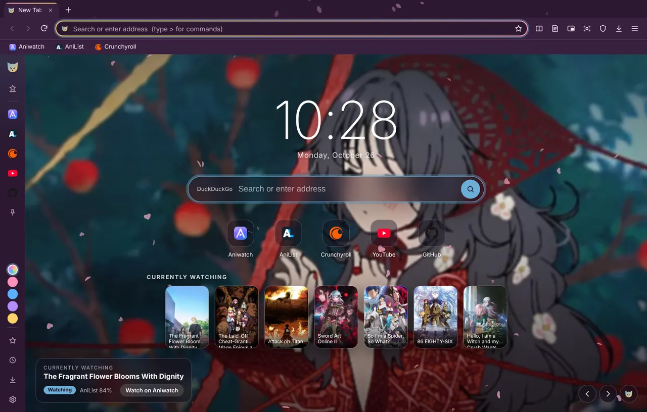 Kitsune new tab with anime wallpaper
